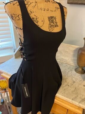 bebe black sleeveless fit-and-flare mini dress with side buckle details Sexy 4!